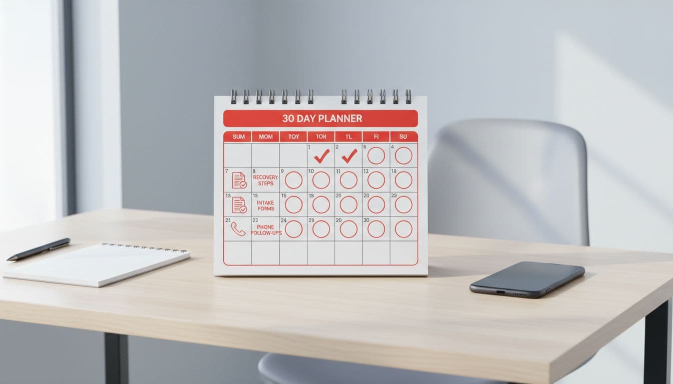 Modern illustration of a 30-day calendar planner on a desk with checkmarks for recovery steps, intake forms, and phone icons in a clean office setting, focusing on calendar progression with soft lighting.