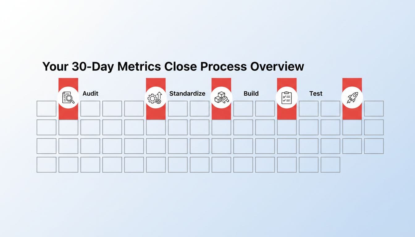 Modern flat illustration of a 30-day calendar timeline with four weekly milestones representing audit, standardize, build, and test phases in the metrics close process. Features clean shapes, #EF4444 accents on milestones, simple background, no text labels, people, watermark, or logos.
