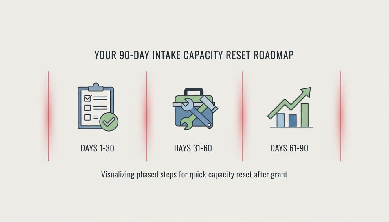 Horizontal 90-day roadmap illustration divided into three phases: days 1-30 assess with checklist icon, days 31-60 clear with toolbox icon, days 61-90 build with upward arrow growth icon, featuring subtle red accents on phase dividers, clean minimal design on light background.