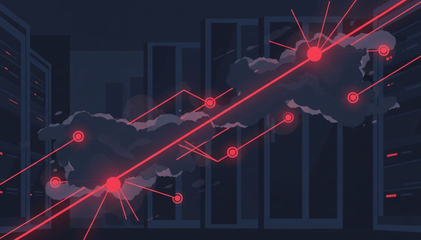 Abstract data flows in dark server room with shadowy risk clouds over paths and glowing red secure paths.