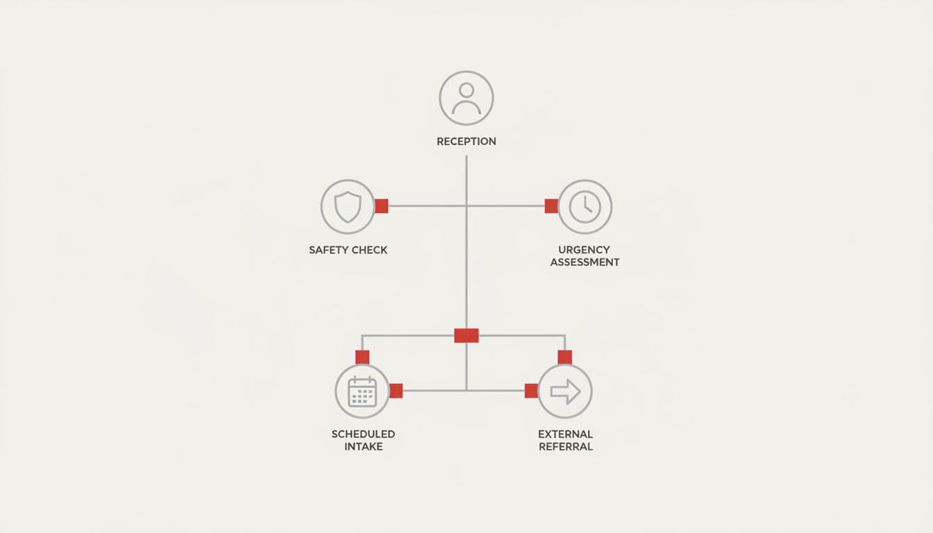 Modern abstract illustration of a simple triage workflow for justice nonprofit walk-in intake, branching from reception through safety check and urgency assessment to immediate help, scheduled intake, or external referral using icons.