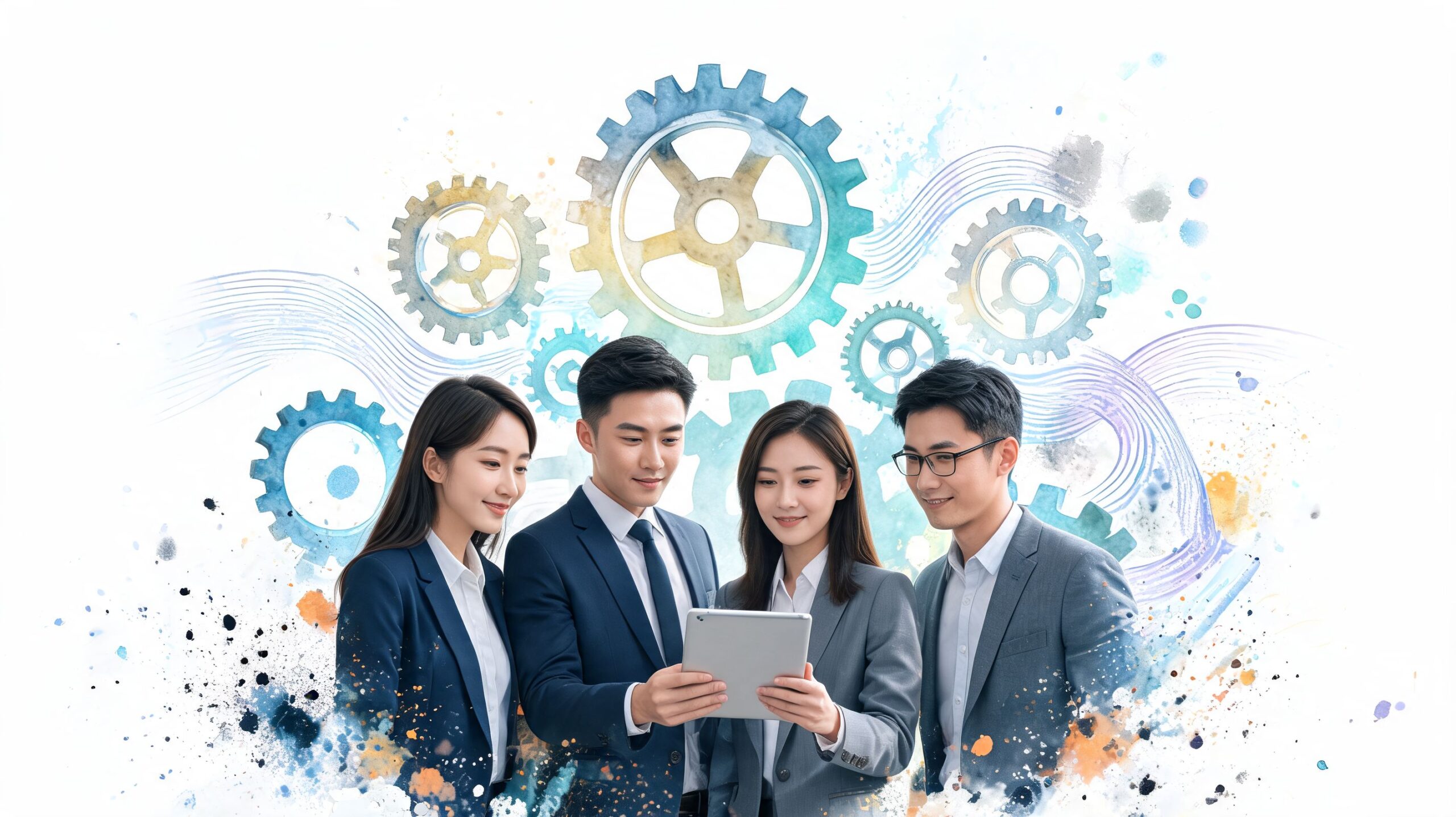 A team of four business professionals collaborating while looking at a tablet with abstract gear illustrations
