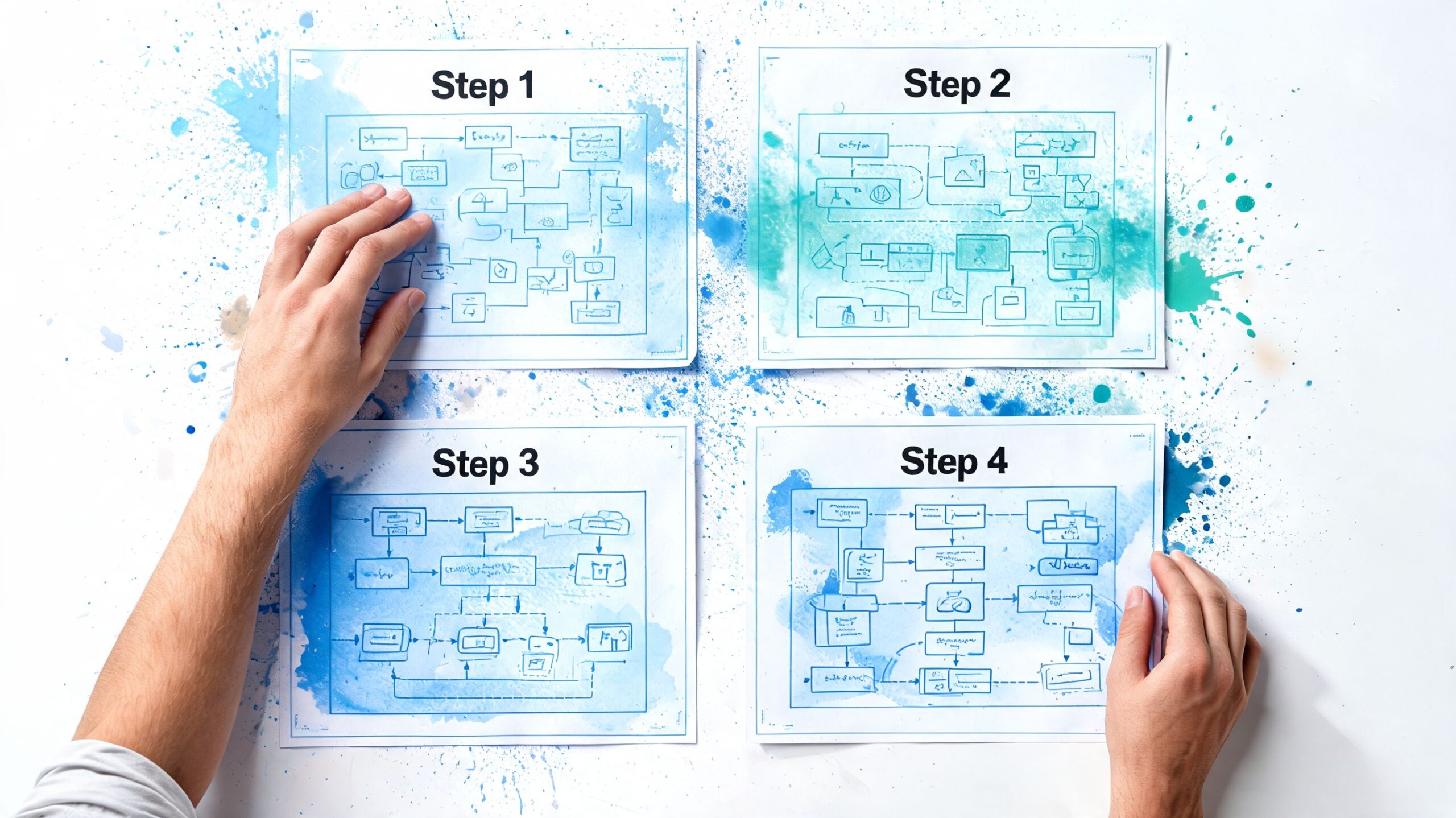 A person organizing four pages of handwritten flowchart diagrams on a table with blue paint splatters.