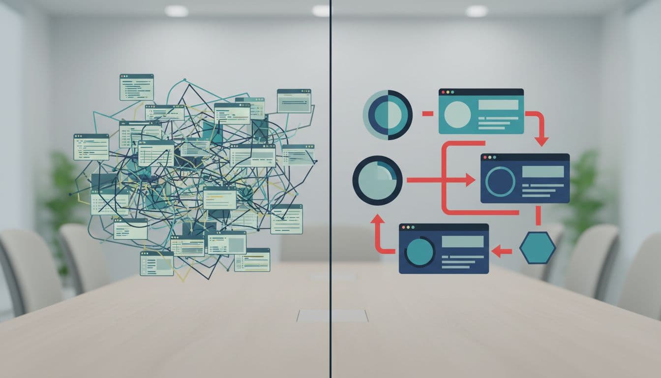 Modern split illustration contrasting tangled spreadsheets mess on the left with a tidy dashboard featuring integrated data flow arrows on the right, set on a neutral conference room table.