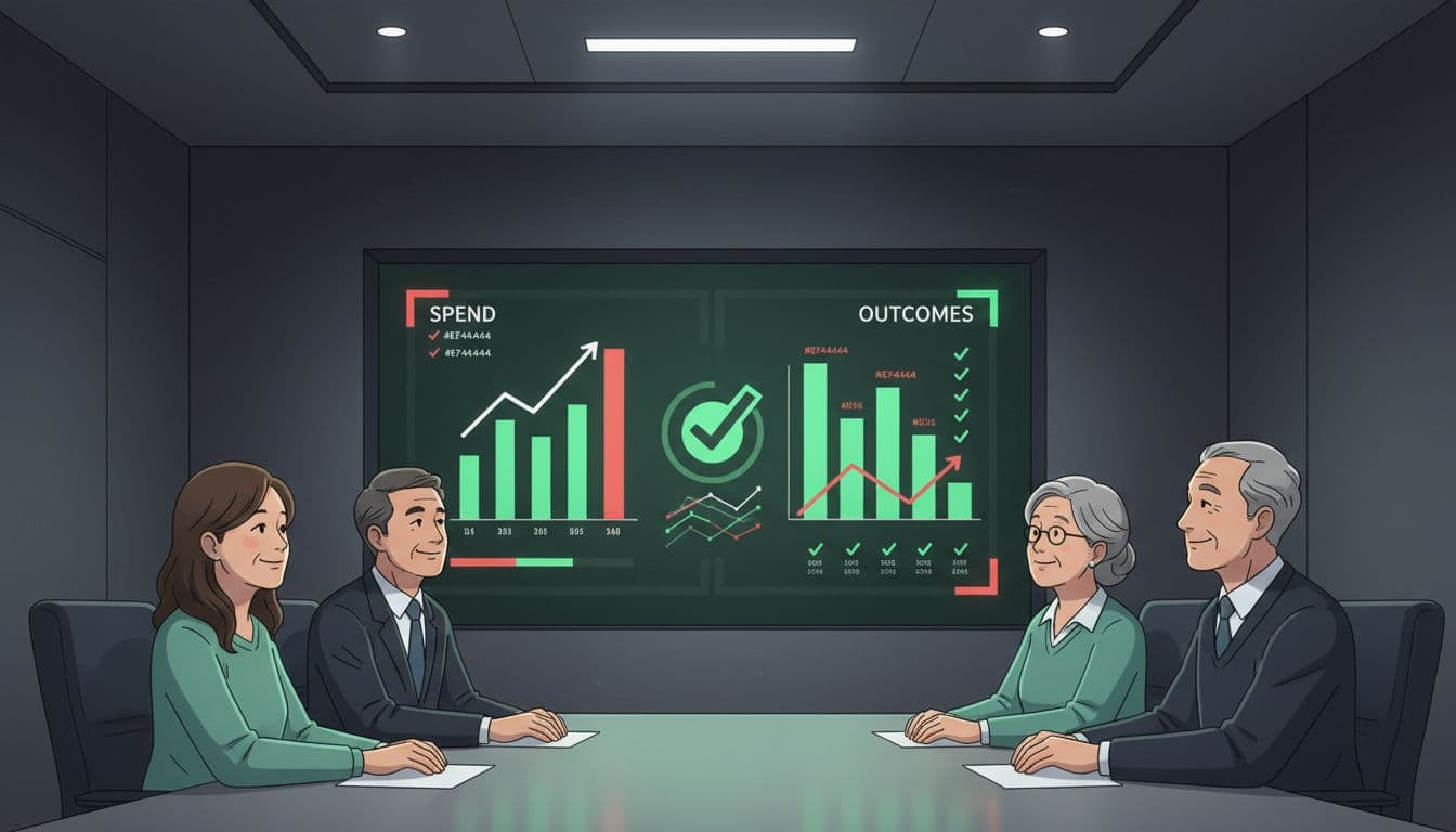 Wall screen in boardroom shows spend vs outcomes metrics with green checkmarks; four diverse executives nod.