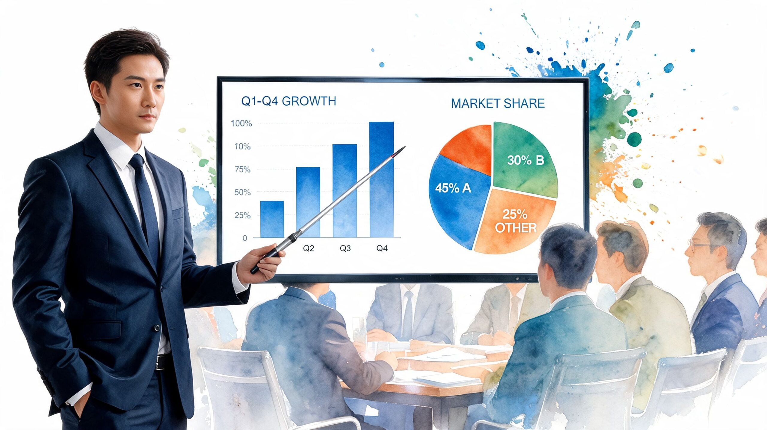 A professional man in a suit presenting business growth charts and market share data to colleagues.