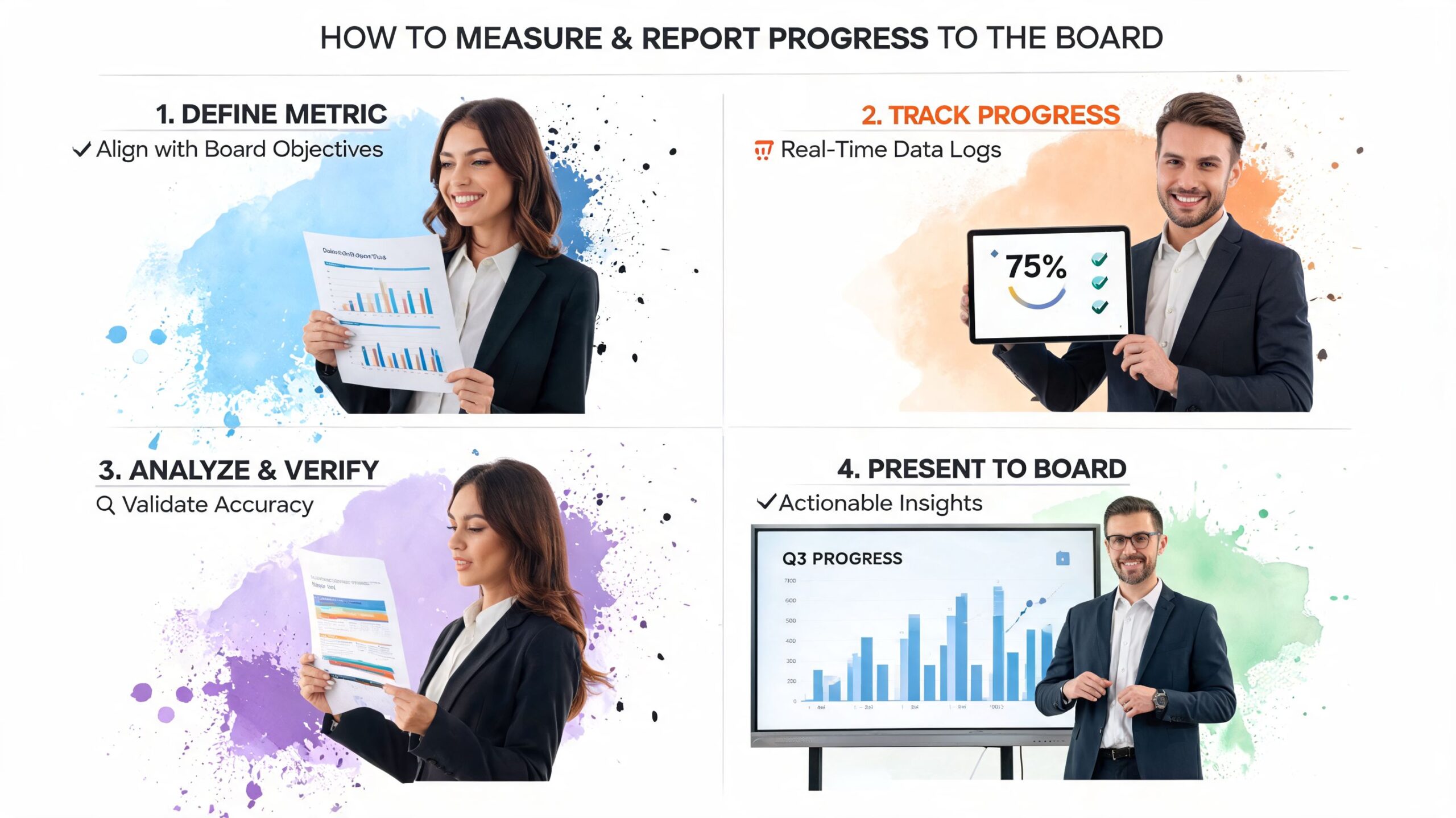 A four-step infographic illustrating a business process for measuring and reporting strategic progress to a corporate board.