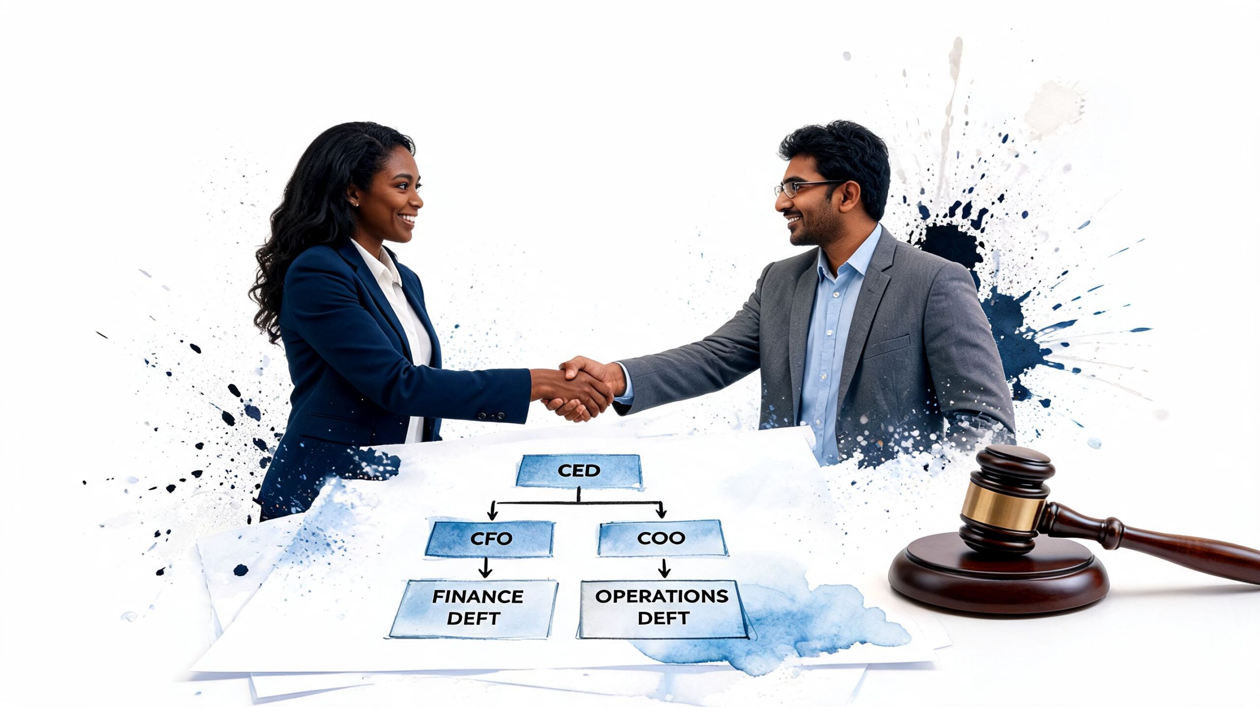 A professional man and woman shaking hands over a corporate organizational chart with a wooden gavel nearby.