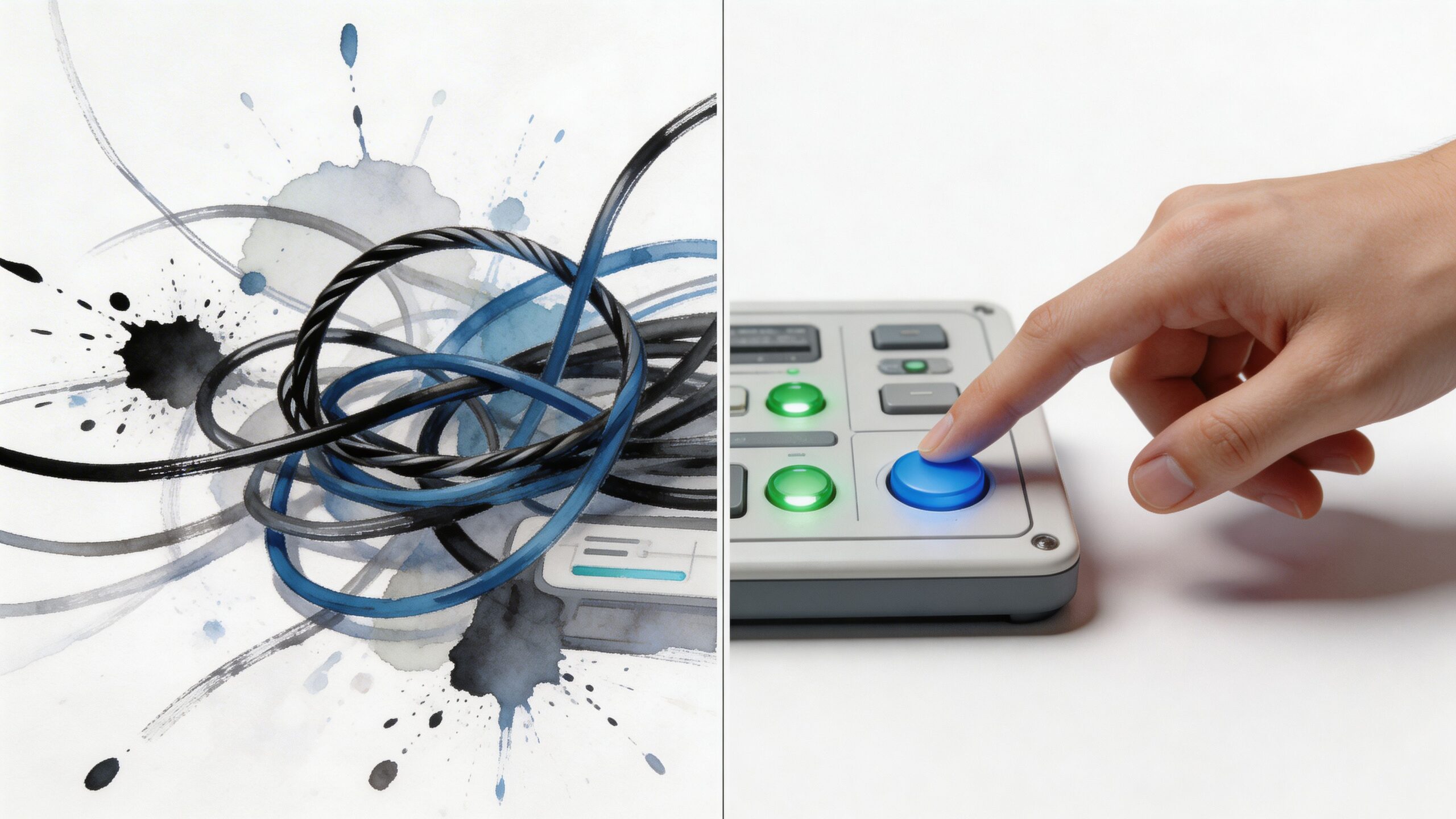 A split composition showing chaotic tangled cables on the left and a hand pressing a button on the right.