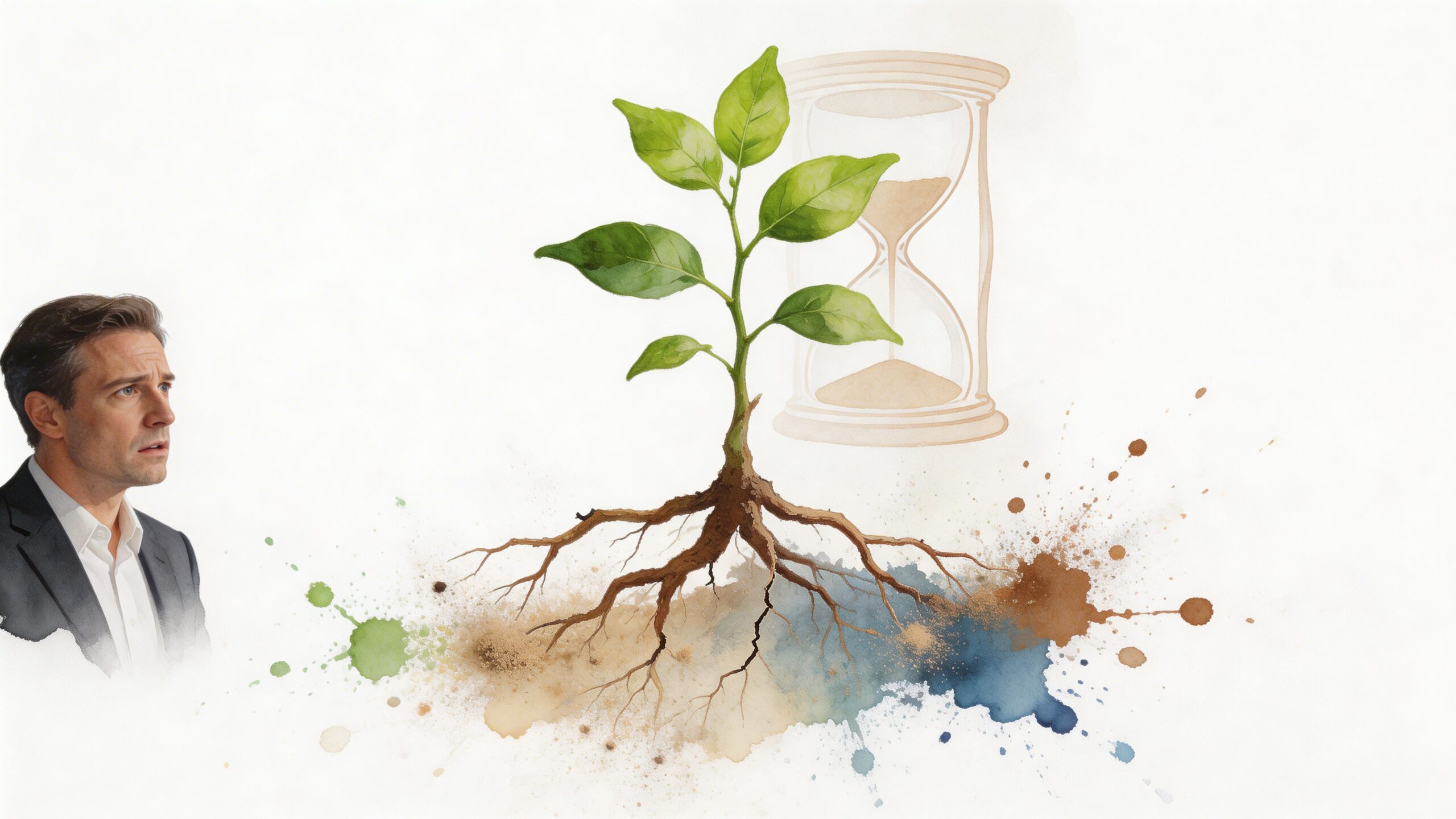 A concerned businessman looks toward a growing plant with exposed roots and an hourglass in the background.