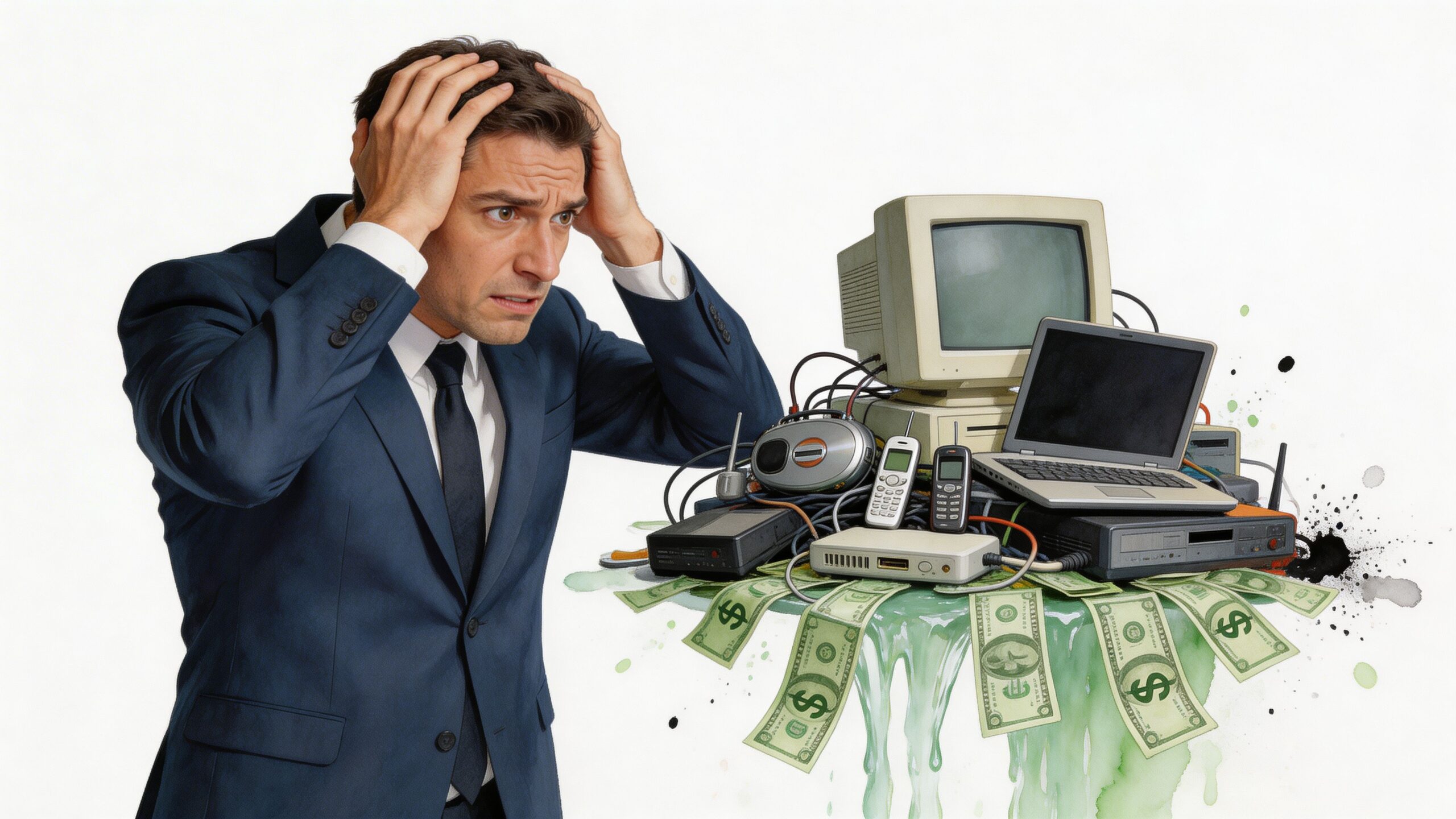 A stressed businessman looks at a pile of obsolete electronic gadgets surrounded by melting paper money.