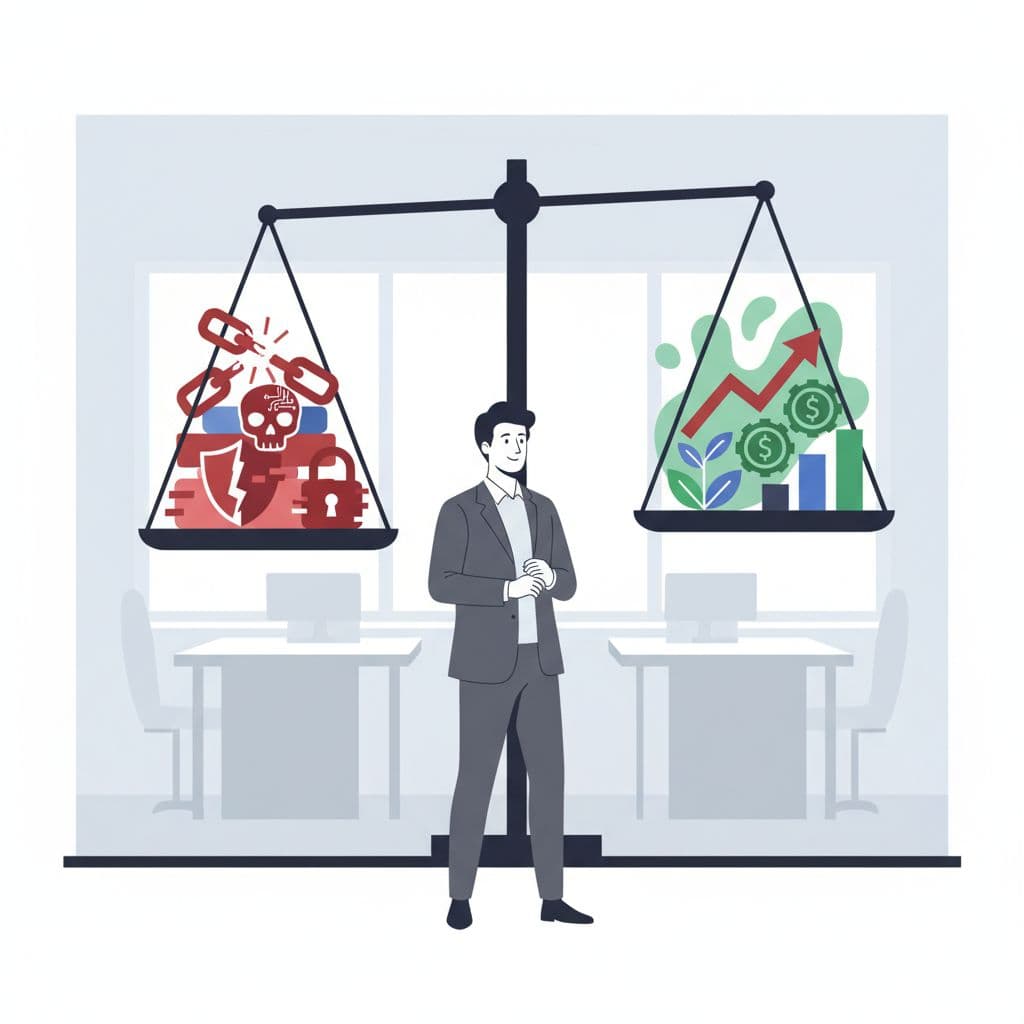 Balanced scales show technology risks on one side and business growth on the other, with a CEO observing in a simple office.