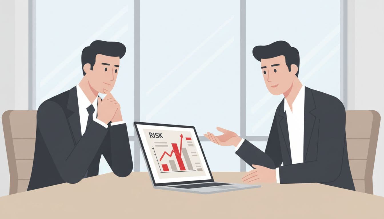 CEO points at angled laptop screen showing risk chart as CTO explains in conference room.