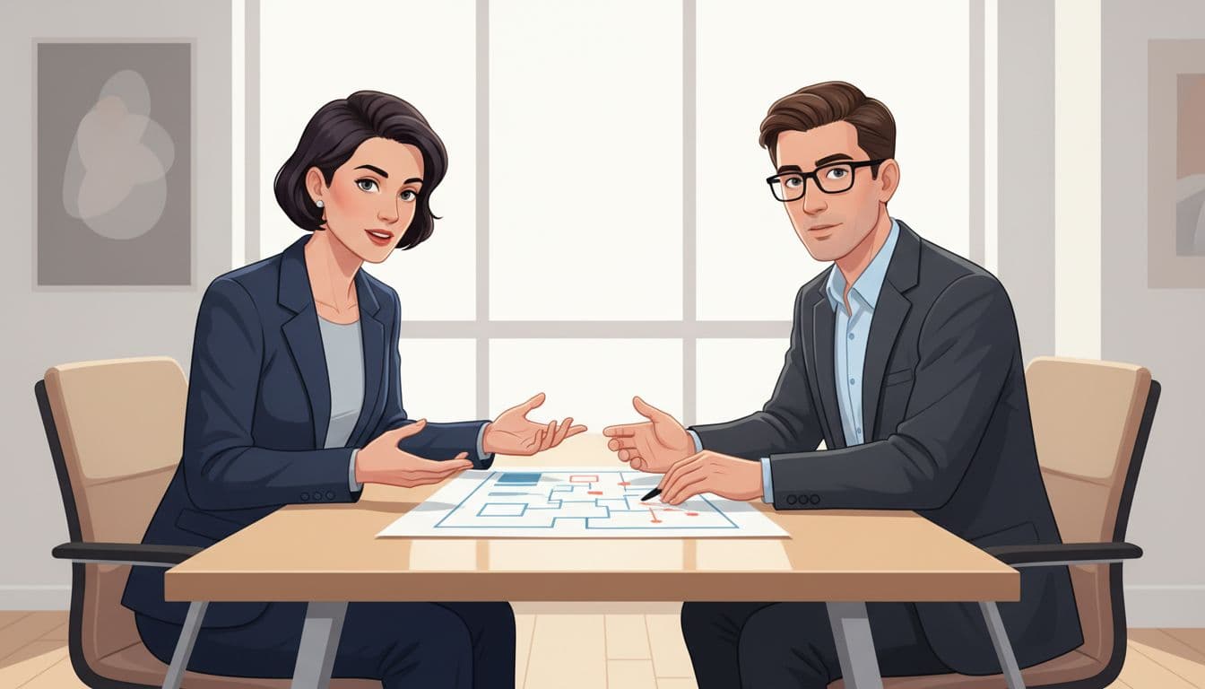 CEO in business attire and CTO candidate discuss printed roadmap across conference table in modern office.