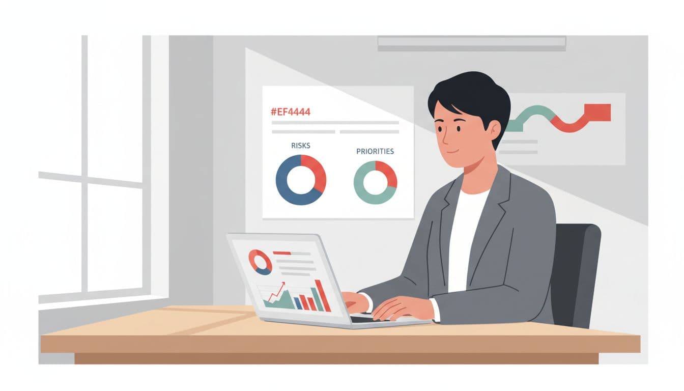 CEO at office desk reviews laptop dashboard showing risk and priority charts.