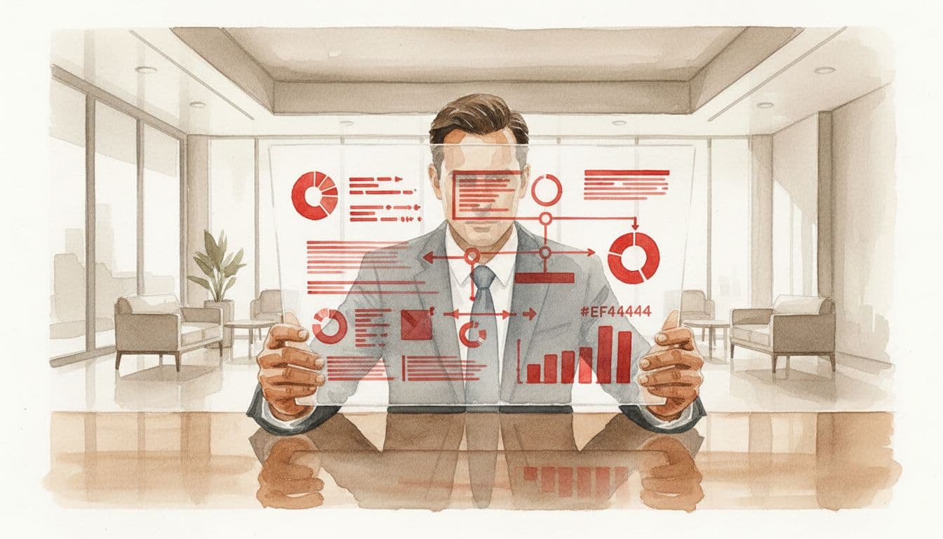 CEO at modern desk examines technology roadmap document with red-accented charts, watercolor style.