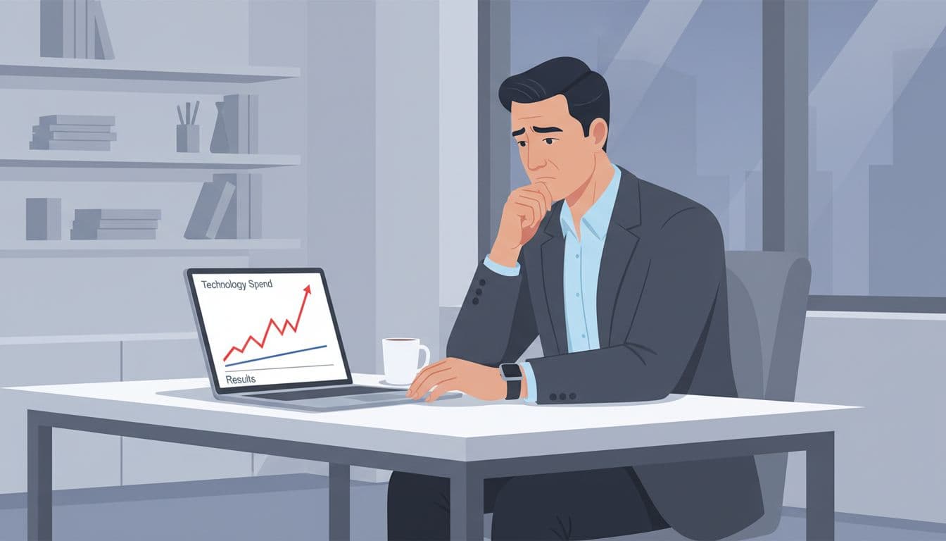 Executive in modern office reviews laptop chart with rising tech spend line and flat results.