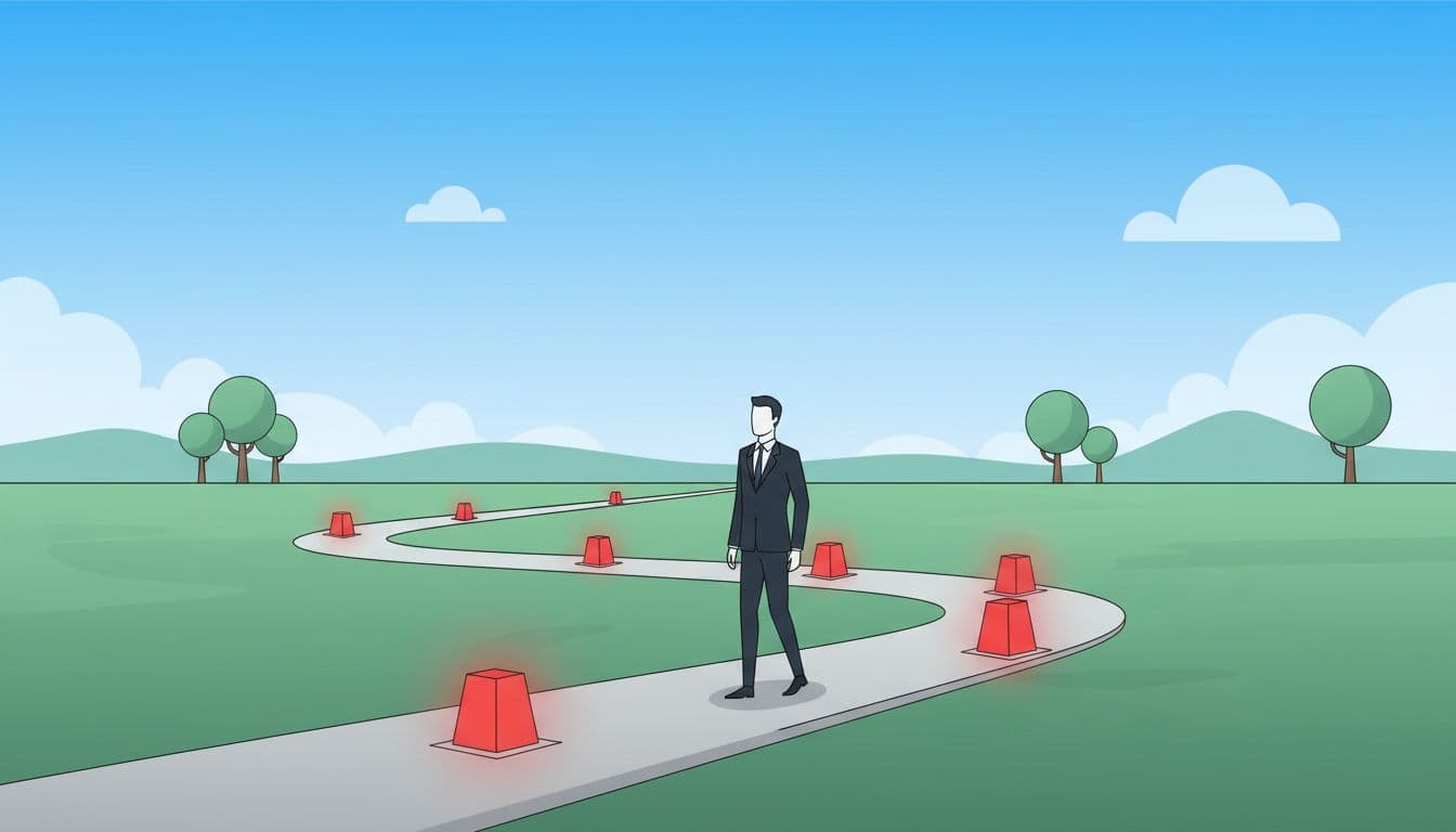 CEO walks along roadmap timeline path with red-highlighted milestones in simple daylight landscape.