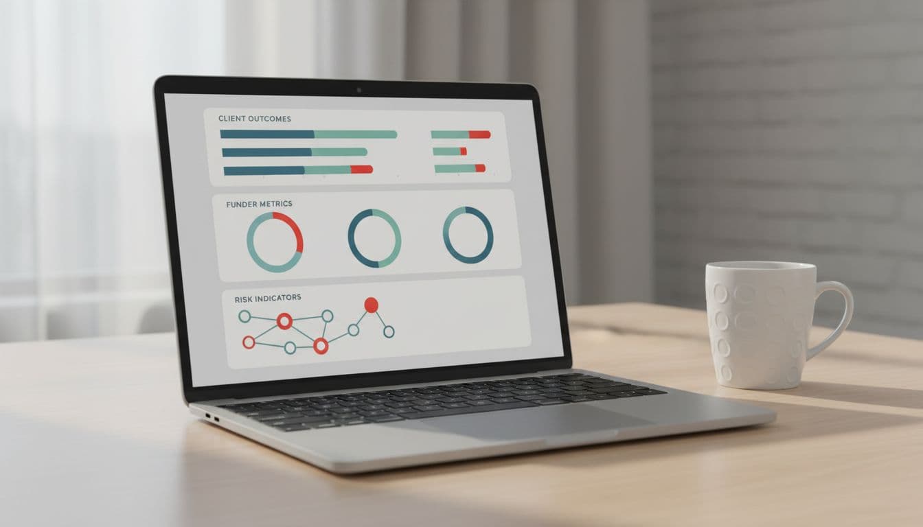 Modern illustration of a clean executive dashboard on a laptop screen showing simple charts for client outcomes, funder metrics, and risk indicators on a neutral office desk with a coffee mug.