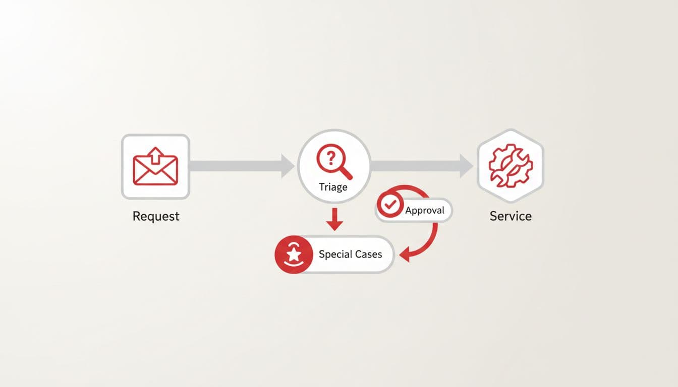 Modern illustration of a simple flowchart depicting the client intake process with a straight main path from request to triage to service, and a clear exception branch looping back with an approval icon. Features clean shapes, controlled colors including #EF4444 accent, neutral background, and soft lighting, focusing solely on icons and arrows.