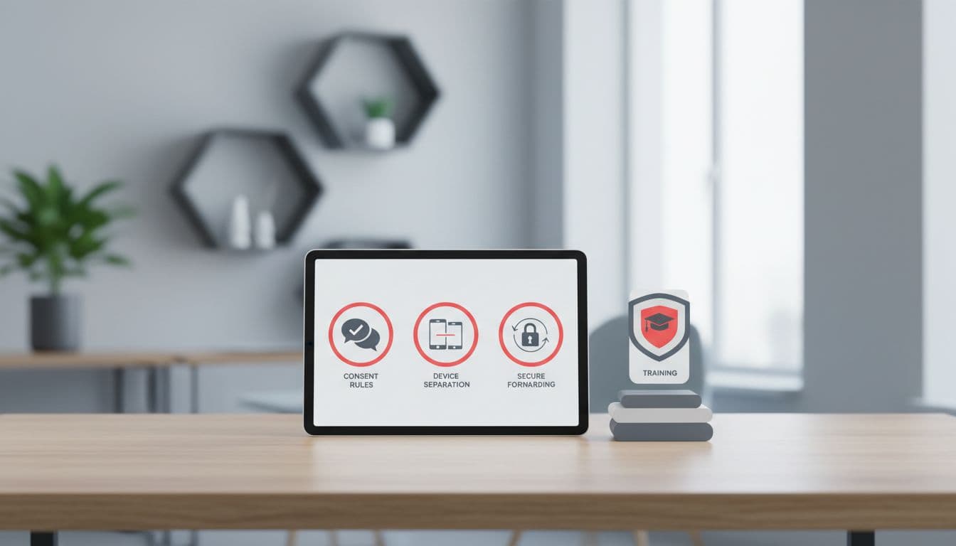 Modern illustration showing key elements of a client texting policy document on a desk: checklist icons for consent rules, device separation, secure forwarding, training badge, in clean shapes with red accents, neutral office background, no people or text.