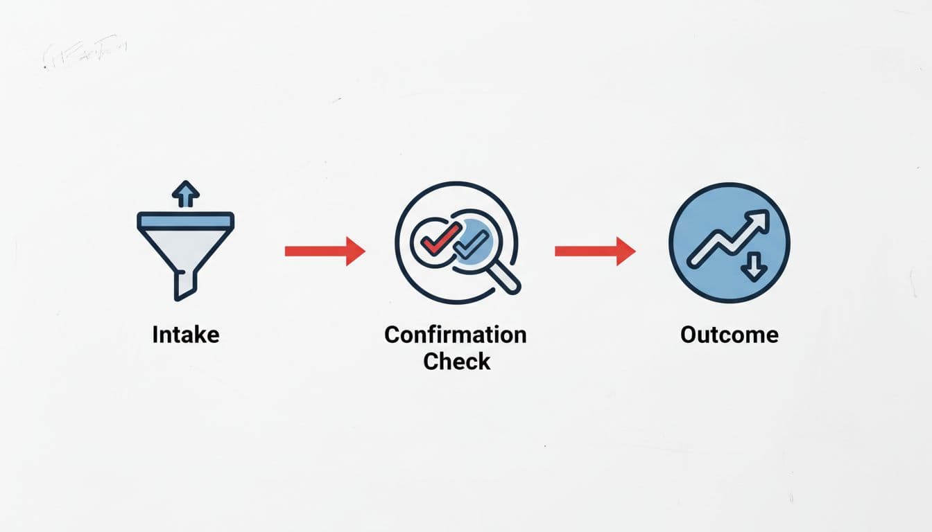 Modern whiteboard illustration depicting step-by-step icons for implementing a closed-loop confirmation rule, from intake to confirmation check to outcome, using simple red arrows in a clean meeting room with bright lighting.
