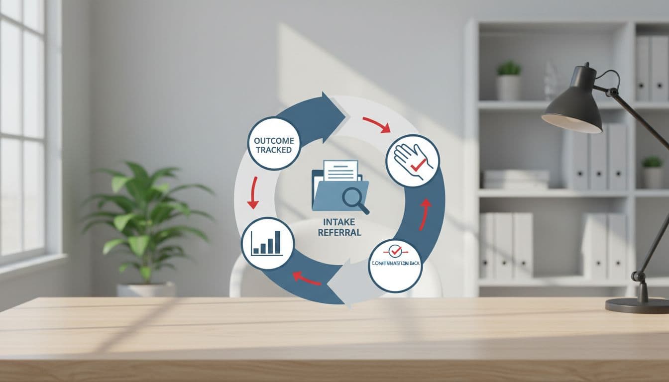 Modern illustration of a simple workflow loop on an office desk, depicting intake referral going out, confirmation returning, and outcome tracked, using clean shapes with #EF4444 accented arrows in a legal nonprofit setting.