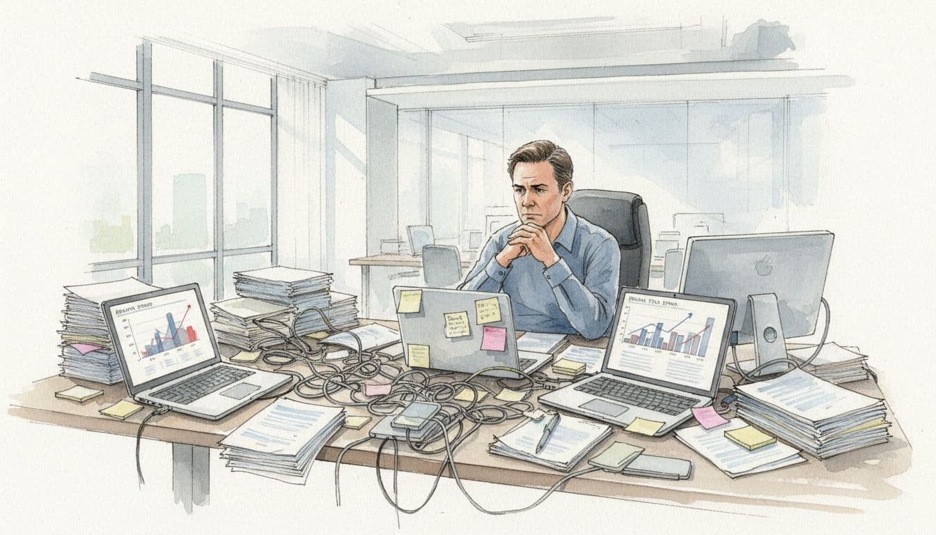 Executive sits at cluttered desk with laptops, cables, reports, and notes, viewing charts of rising tech spend and delays.