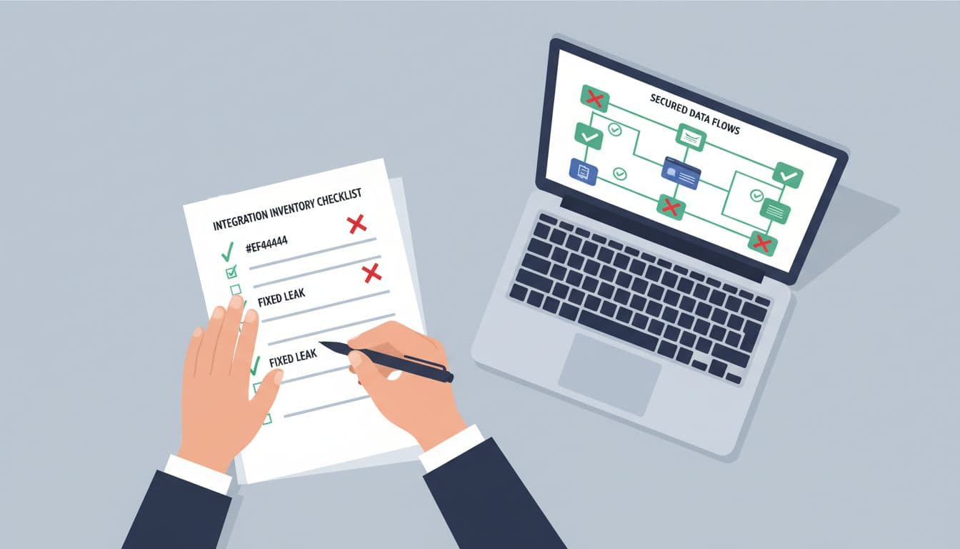 Overhead view of a modern clean workspace featuring a printed integration inventory checklist with marked fixes next to a laptop displaying secured data flows, green checkmarks on good connections, and red crosses on resolved leaks.