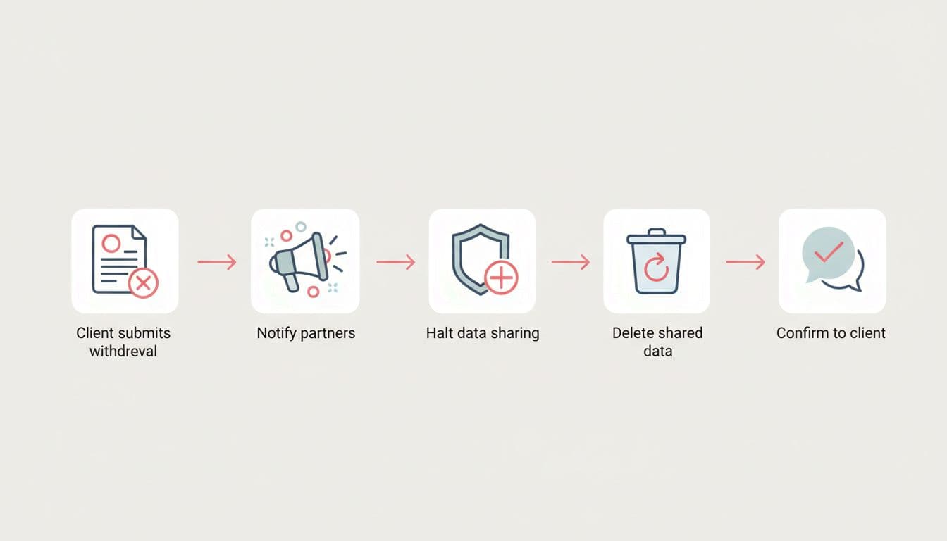 Linear horizontal diagram with five icons connected by red-accented arrows showing withdrawal steps.
