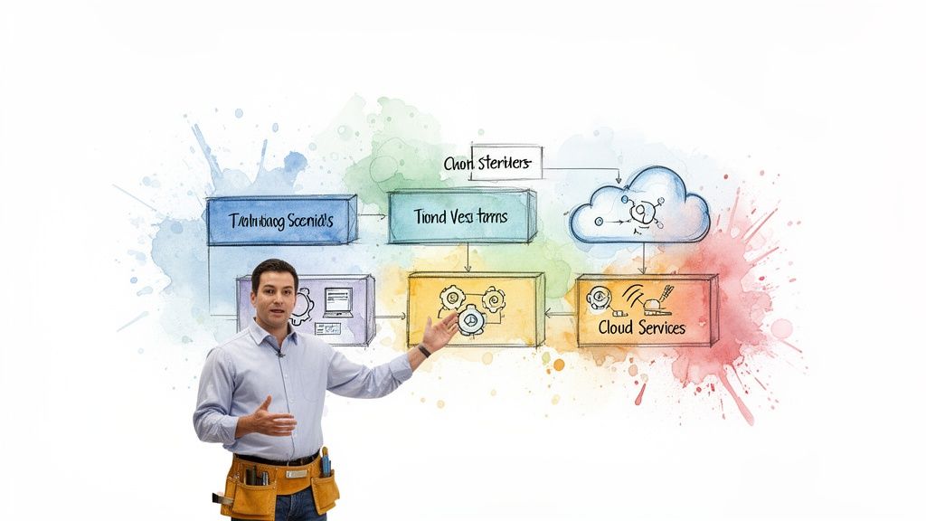 Man presenting a watercolor diagram showing data flow to cloud services and IT infrastructure.