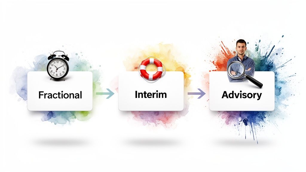 Three stages of consulting services: Fractional (alarm clock), Interim (lifebuoy), and Advisory (man with magnifying glass) with arrows.