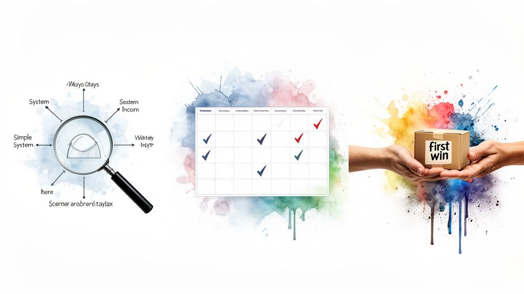 Visualizing system analysis, task progress on a calendar, and celebrating a first win.