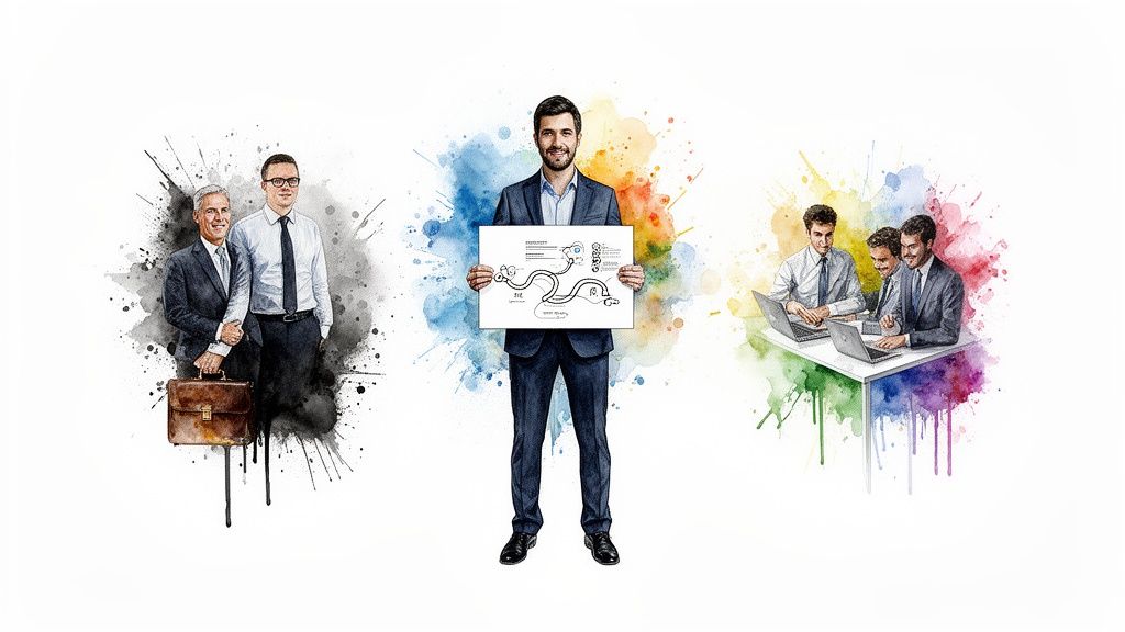 Professional watercolor illustration showing three scenes of business consultants and collaboration.
