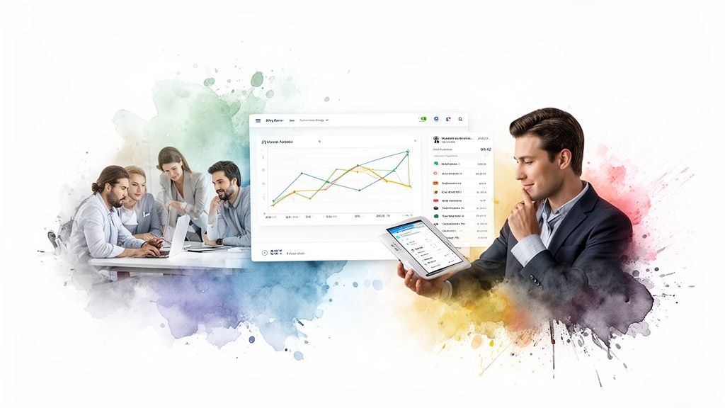 Diverse business professionals collaborating on a laptop and analyzing data across desktop and tablet screens for strategic insights.