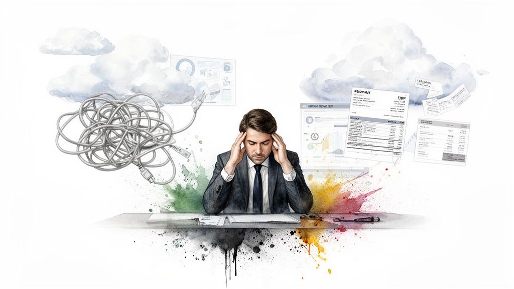 A stressed businessman at his desk, surrounded by tangled cables, cloud data, and floating documents.