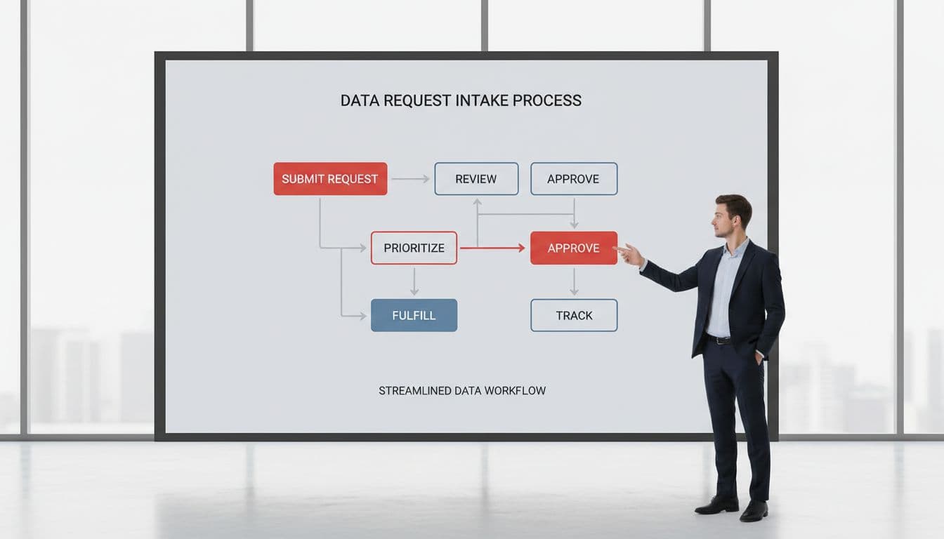 Modern illustration of a simple flowchart on a digital whiteboard showing the data request intake process steps from submit to track, featuring clean shapes, #EF4444 accents, minimalistic office background, and one person pointing relaxedly.