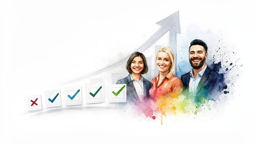 Smiling business professionals next to a growth arrow and a checklist showing progress.