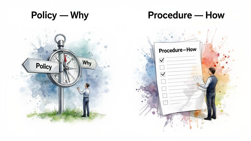 An illustration showing the difference between policy (why) as a compass and procedure (how) as a checklist.