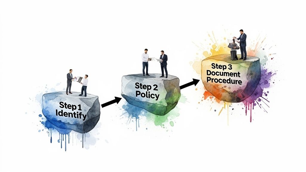Three-step workflow: Step 1 Identify, Step 2 Policy, Step 3 Document Procedure, with people interacting.