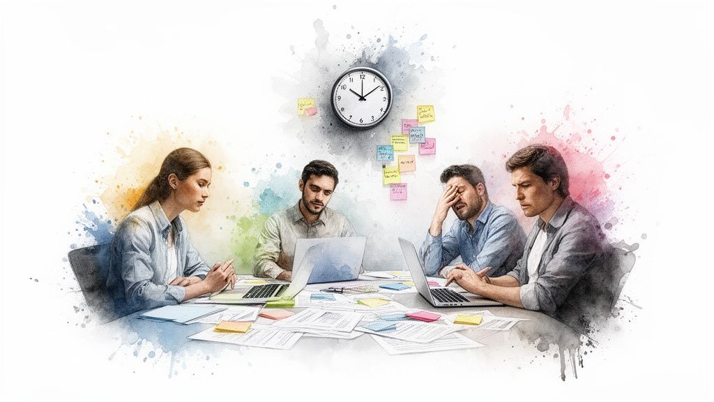 Watercolor illustration of a diverse team working intensely at a table filled with papers and laptops under a clock.