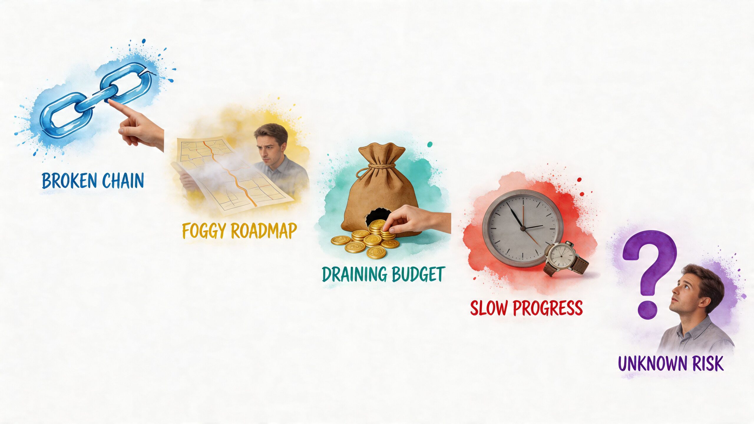 A conceptual illustration showing five business challenges including broken chains, foggy roadmaps, draining budgets, slow progress, and unknown risks.