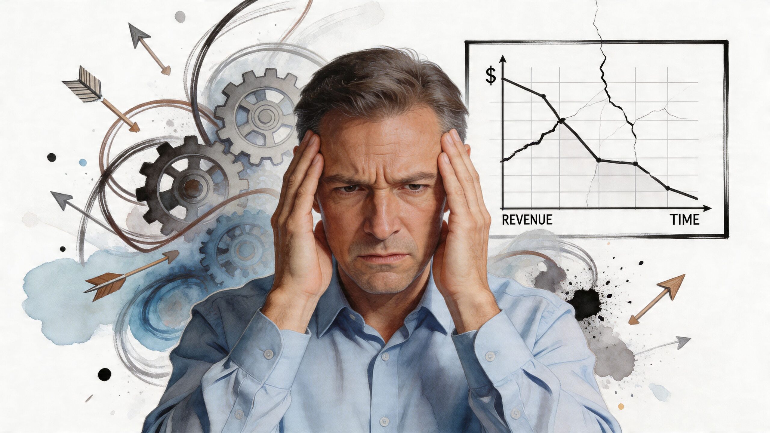 A stressed businessman looking worried in front of a falling revenue graph and mechanical gears.