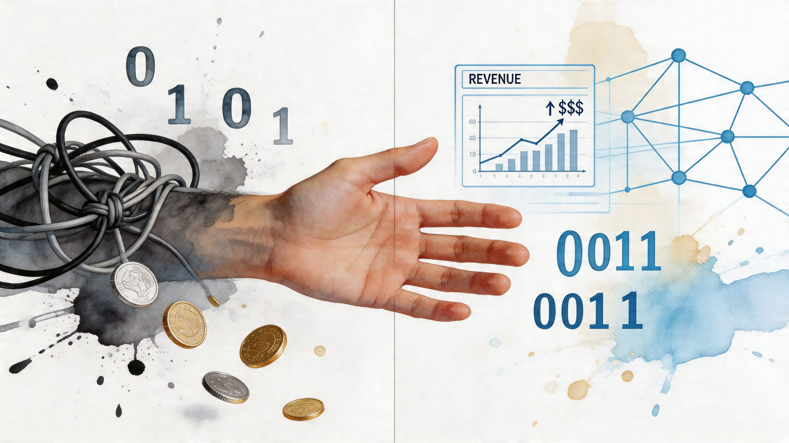 A conceptual illustration showing a human hand reaching from tangled cables towards data and revenue growth visualizations.