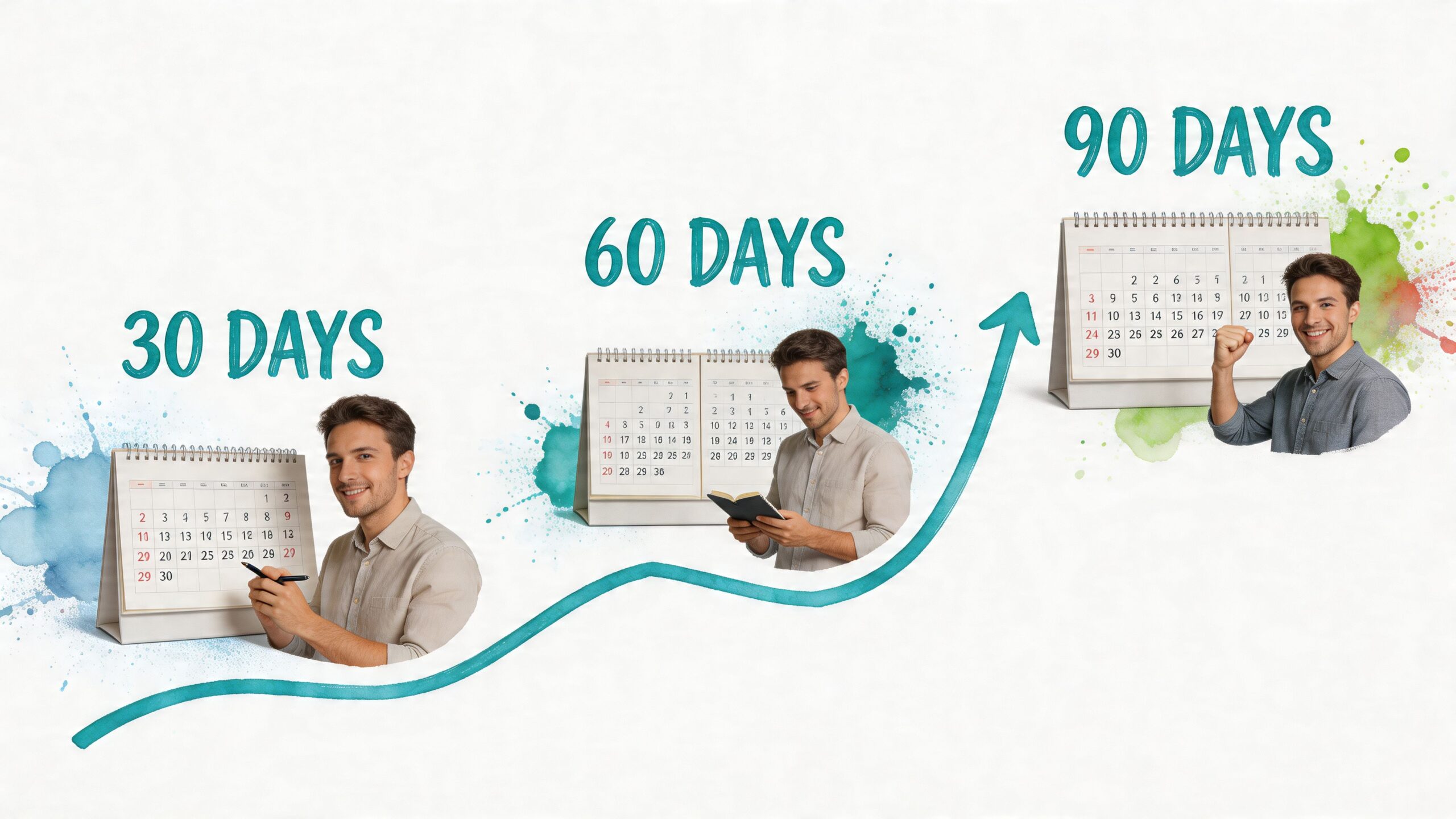 A man tracking his progress over 30, 60, and 90 days with calendars and an upward trending arrow.
