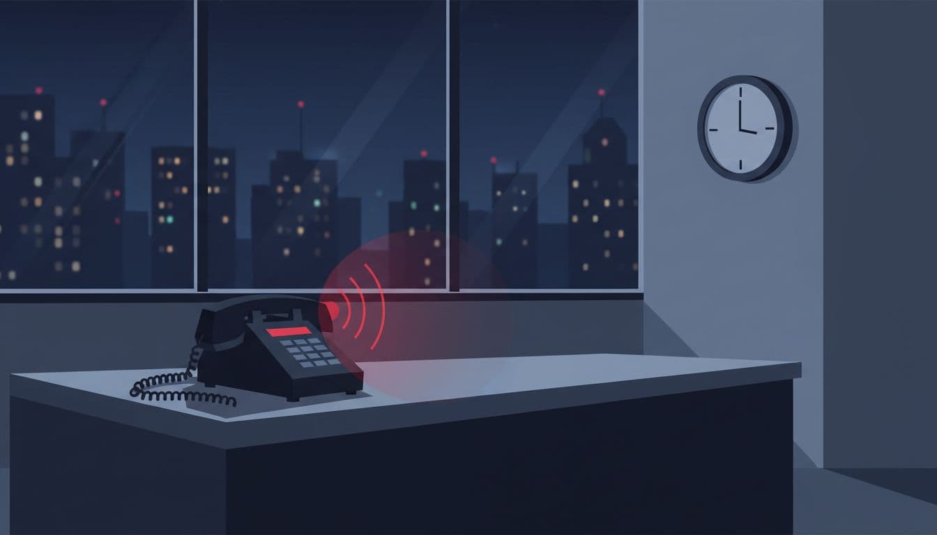 Modern illustration of an empty legal aid reception desk at 10 PM, with an unanswered phone showing a flashing red light, clock on the wall, and city lights through the window under dim evening lighting.