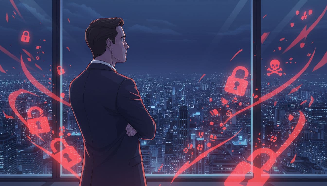 Executive with arms crossed stands at window overlooking nighttime cityscape, subtle shadows of breaking locks, data leaks, and cyber icons emerging below in red glows.