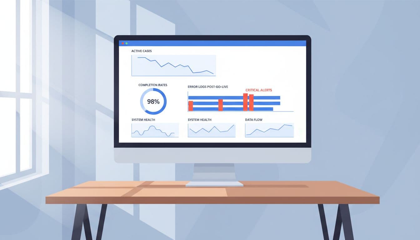 Clean minimalist illustration of an executive dashboard on a large monitor displaying case system metrics like active cases, completion rates, and error logs, centered on a desk in a quiet office with subtle blue graphs and red alert accents.