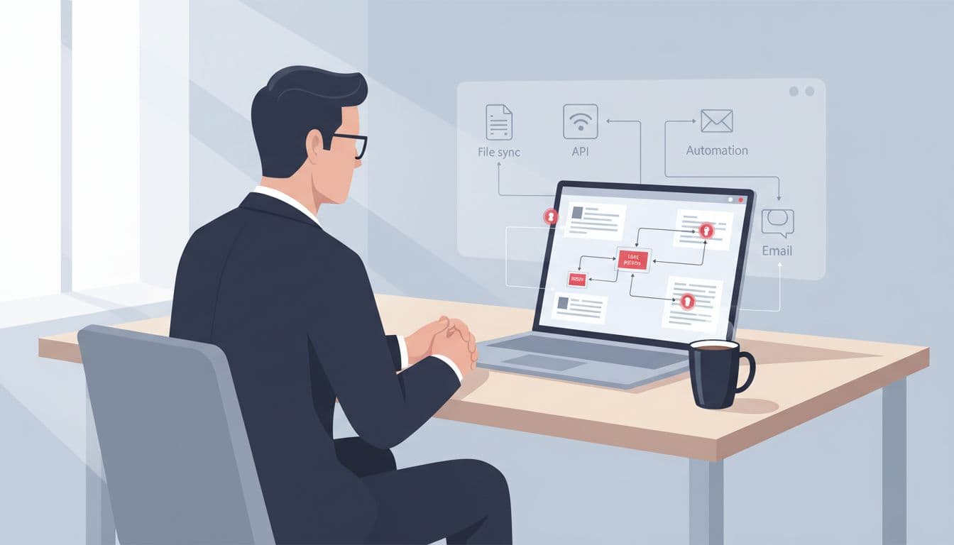 Modern illustration of an executive seated at a simple desk, viewing a laptop screen displaying a digital dashboard with integration flows and highlighted red leak points. Background icons for file sync, API, and email automation emphasize testing for silent data loss risks in integrations.