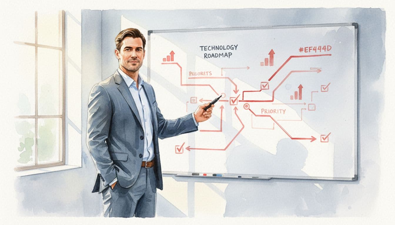 Executive stands relaxed in bright conference room drawing tech roadmap with growth arrows and checklists on whiteboard in watercolor style.